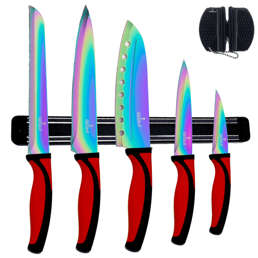 Kitchen Knife Set Kit | Red Handle & Black Magnetic Rack